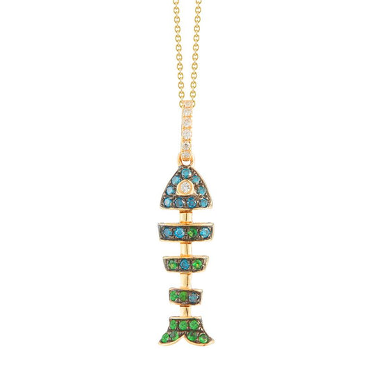 14K Fish Bone Necklace With Blue Diamonds & Green Garnets On 18 Inches Cable Chain