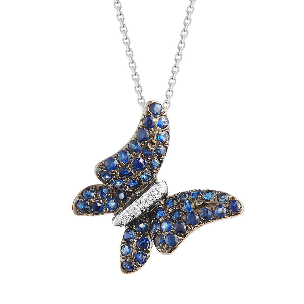 14K BEAUTIFUL BUTTERFLY NECKLACE WITH 48 SAPPHIRES 0.51CT & 4 DIAMONDS 0.02CT ON 18 INCHES CABLE CHAIN
