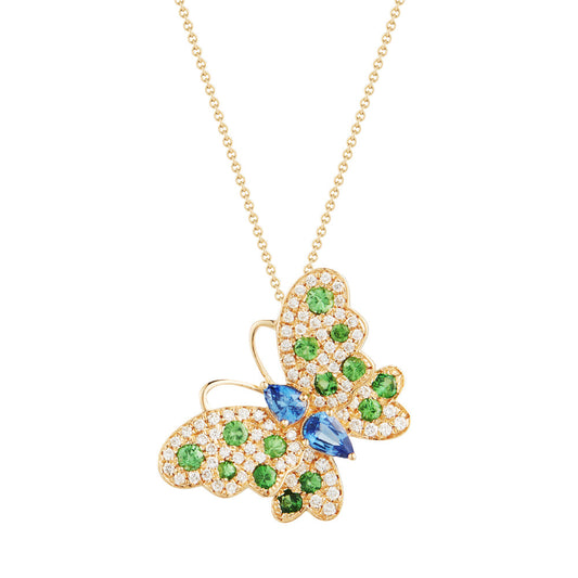 14K BUTTERFLY PENDANT 76 DIAMONDS 0.36CT, 2 BLUE SAPPHIRES 0.49CT & 14 GG 0.55CT ON 18 INCH CHAIN
