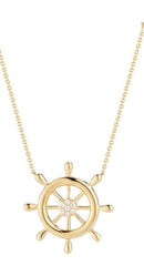 14KY SHIP WHEEL Pendant With a Little Anchor On 18 Inches Cable Chain