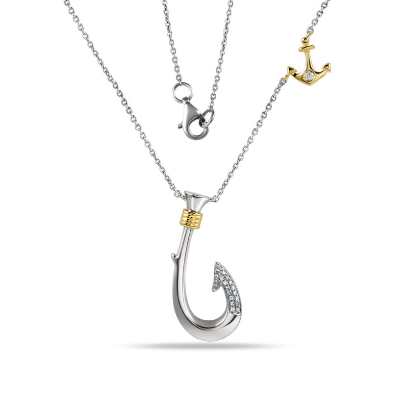 14K Fish Hook Pendant with Small Anchor On 1 1/4 Long Chain