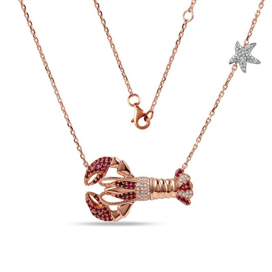 14K Lobster Pendant With Black Diamonds & Rubies