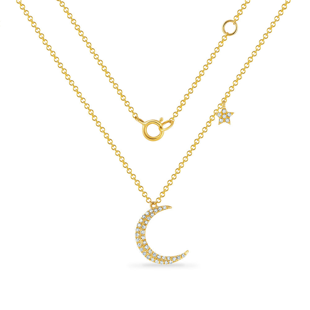 14K BEAUTIFUL CRESCENT MOON NECKLACE WITH 42 DIAMONDS 0.13CT 14MM LONG