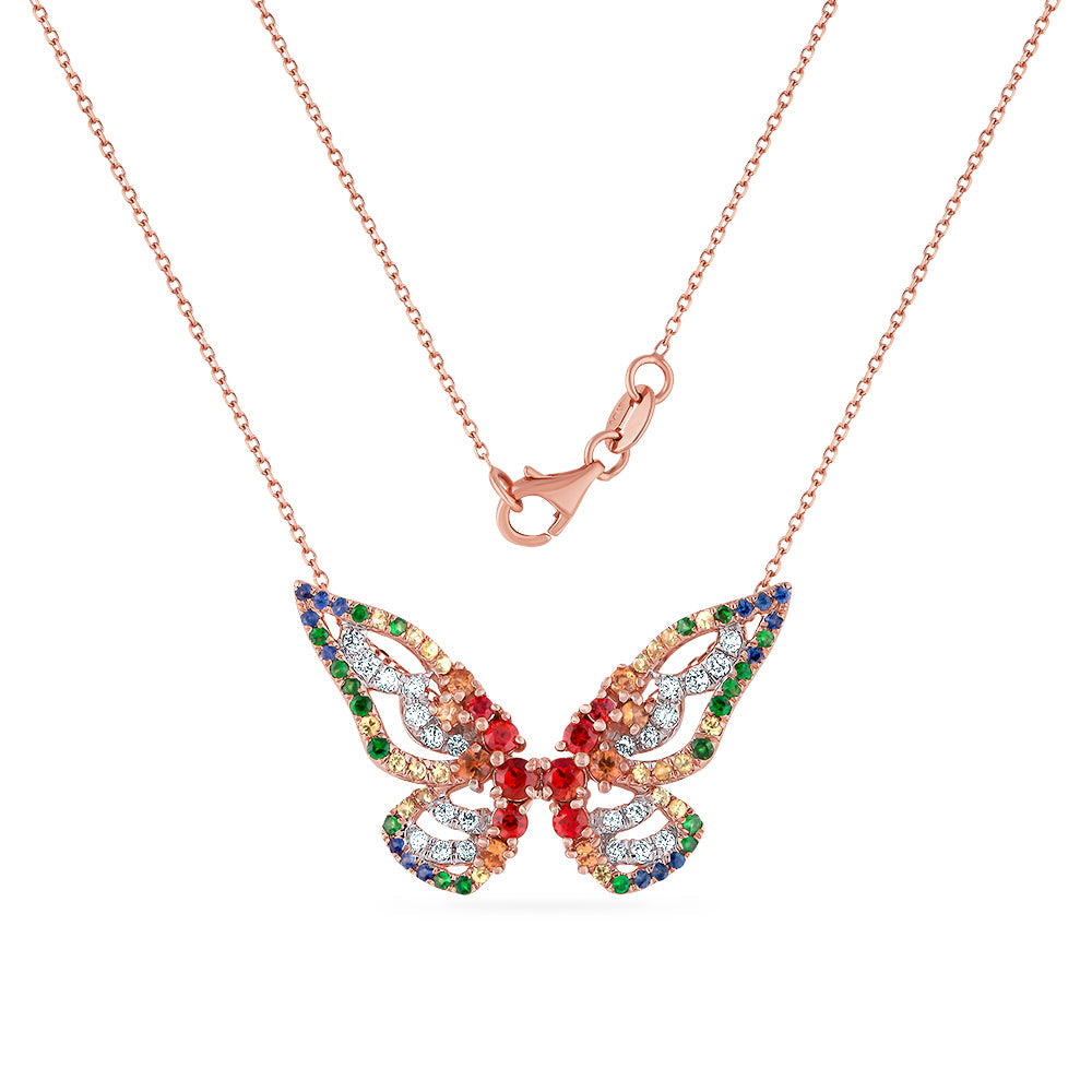 14K BEAUTIFUL BUTTERFLY NECKLACE WITH DIAMONDS, FANCY COLOR SAPPHIRES & GREEN GARNET ON 18 INCHES CHAIN