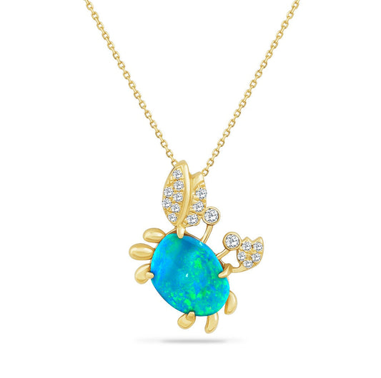 14K CRAB PENDANT WITH 1 OPAL 2.35CT & 17 DIAMONDS 0.22CT ON 18 INCHES CHAIN