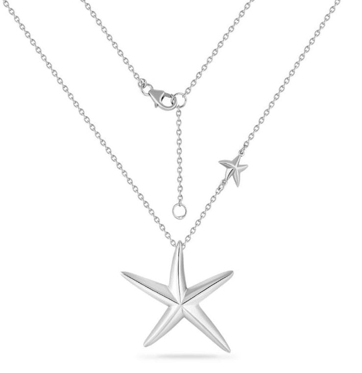 Sterling Silver High Polish Starfish Pendant With Small Starfish Detail On 18 Inches Chain