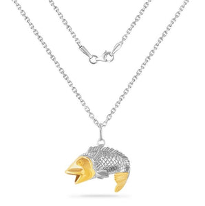 Two-toned 14K and Sterling Silver Bass Pendant On 18 Inches Silver Chain