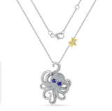 14K Shimmering Octopus Necklace With 209 Diamonds 0.89CT & 2 Blue Sapphire Eyes 0.35CT.