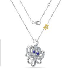 14K Shimmering Octopus Necklace With 209 Diamonds 0.89CT & 2 Blue Sapphire Eyes 0.35CT.