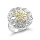 STERLING SILVER AND 14K SAND DOLLAR STARFISH RING