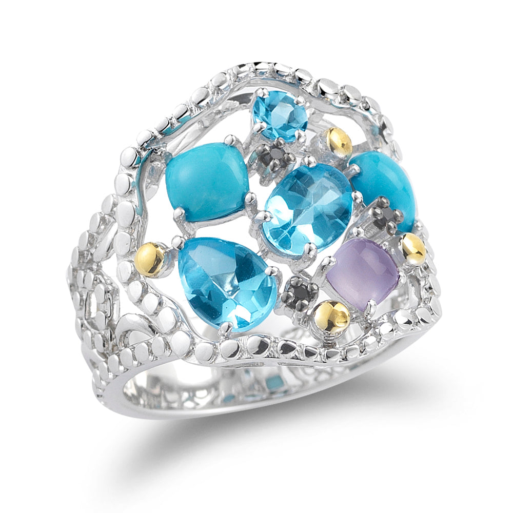 STERLING SILVER AND 14K ACCENT RING WITH PRECIOUS AND SEMI-PRECIOUS STONES