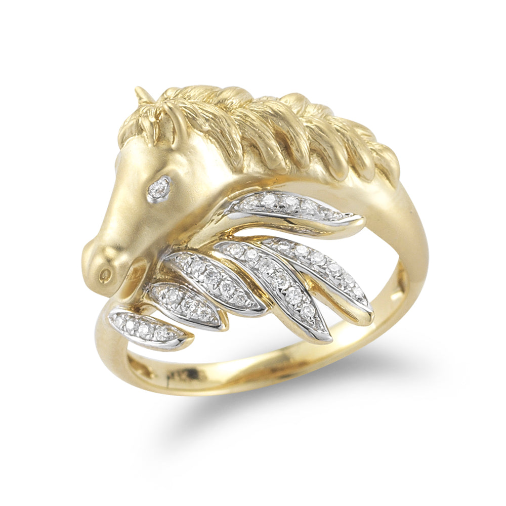 14K Yellow Gold Horses Head and Diamond Ring