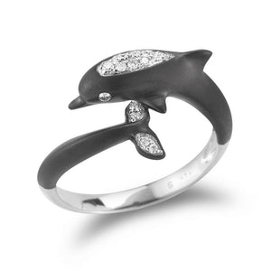 14K WHITE GOLD & BLACK RHODIUM DOLPHIN RING 1/2 INCHES WIDE ON TOP