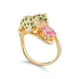 14K CHAMELEON RING FEATURING AN ARRAY COLOR PINK TOURMALINE, TSAVORITES AND 2 DIAMONDS