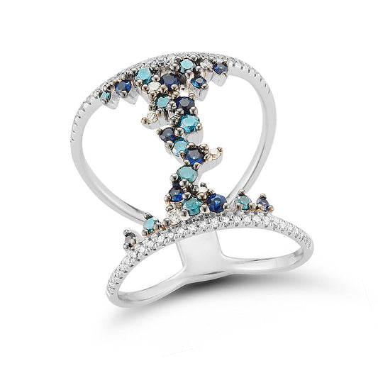 BEAUTIFUL OPEN DESIGN RING WITH WHITE & BLUE DIAMONDS 0.57CT, BLUE SAPPHIRES 0.26CT