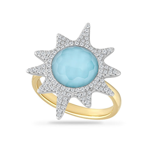 14K SUN RING WITH 0.40CT DIAMONDS,  DOUBLET QUARTZ & BLUE TOPAZ, TOP DIAMETER 25.1MM