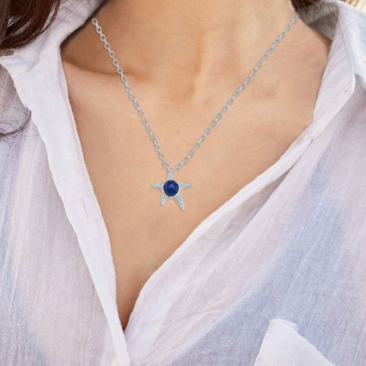 14K STARFISH PENDANT WITH DOUBLET LAPIS, CLEAR QUARTZ AND DIAMONDS ON 18 INCHES CABLE CHAIN