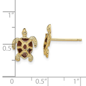 14K SEA TURTLE POST EARRINGS W/BROWN ENAMEL / TEXTURED