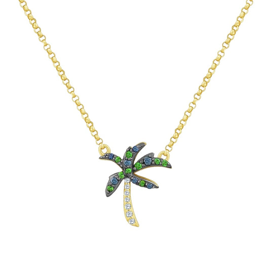 14K PALM TREE PENDANT WITH DIAMONDS AND GREEN GARNETS ON 18 INCHES CABLE CHAIN