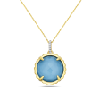 14K DOUBLET ROUND RECON TURQUOISE AND CLEAR QUARTZ PENDANT WITH 15 DIAMONDS 0.050CT ON 18 INCHES CABLE CHAIN