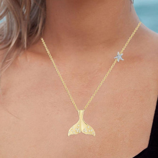14K Whale Tail Necklace With Burnished Diamonds & Small Star on 18 Inches Cable Chain